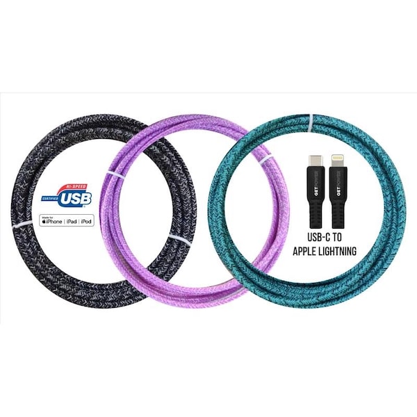 Getpower GetPower Assorted Braided Lightning to USB-C For Apple iPod, iPhone, iPad 10 ft L GP-XL-BRDC-L - main